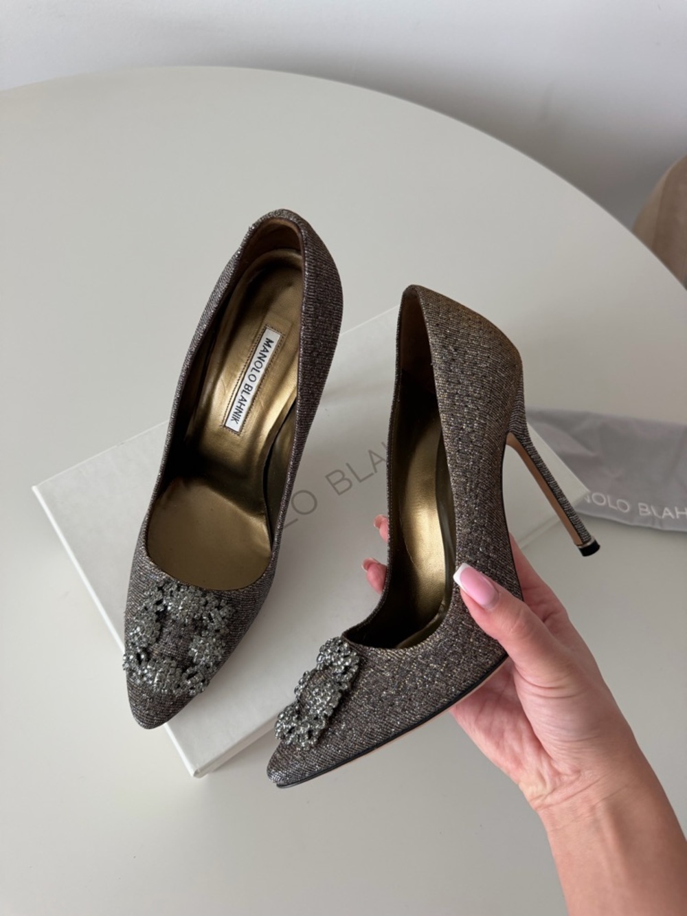 Manolo Blahnik Metallic Bronze Pointed-Toe Pumps with Crystal Embellishment - Picture 10 of 10